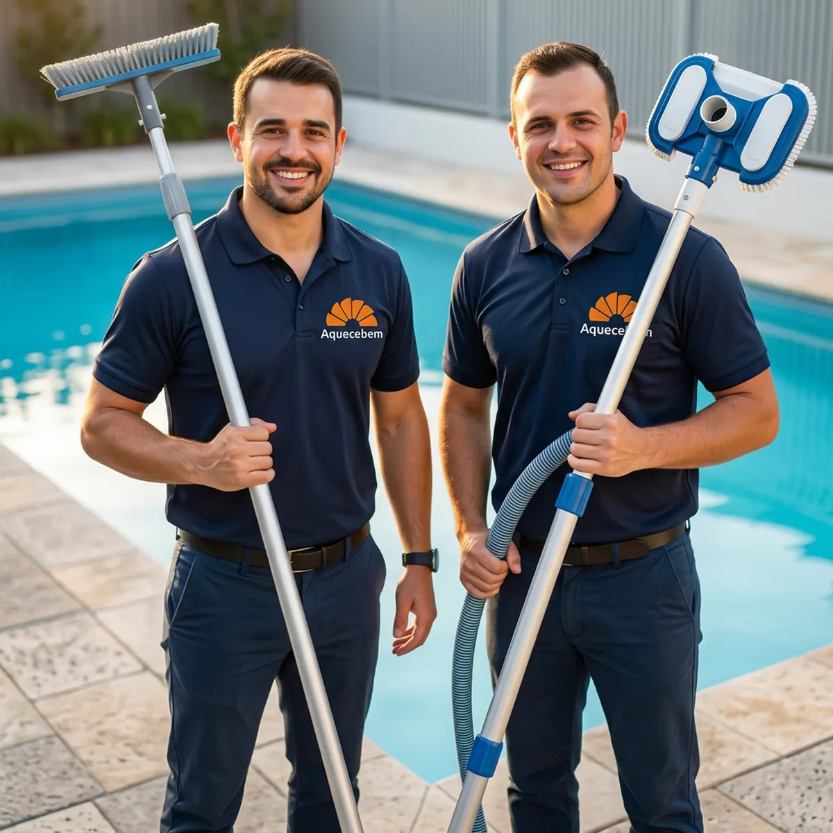 Equipe técnica Aquecebem realizando limpeza e manutenção de piscinas em Curitiba